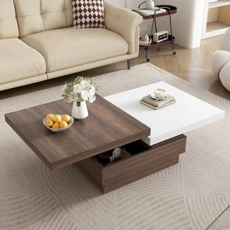 Table basse pivotante, Table basse carrée moderne avec motif grain de bois et 1 espace de rangement caché pour salon