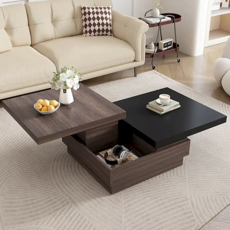Table basse pivotante, Table basse carrée moderne avec motif grain de bois et 1 espace de rangement caché pour salon