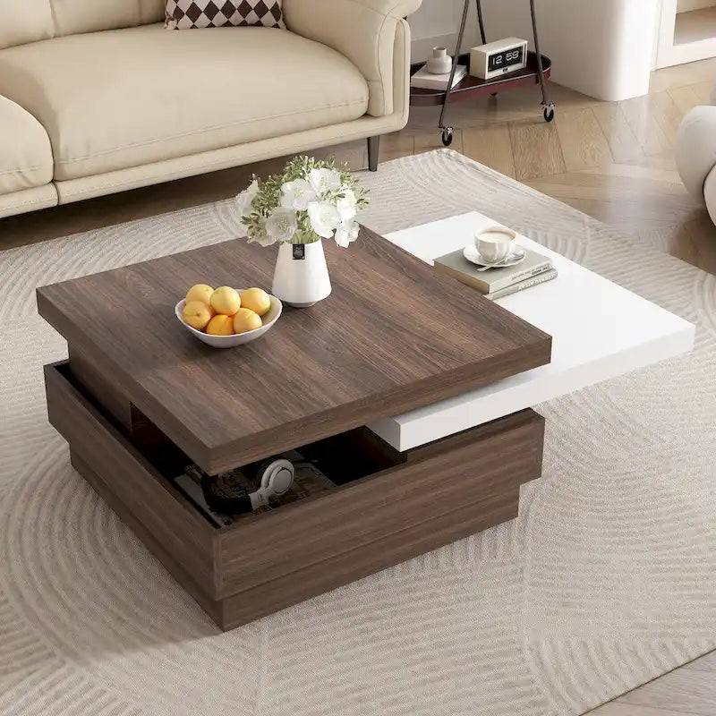 Table basse pivotante, Table basse carrée moderne avec motif grain de bois et 1 espace de rangement caché pour salon