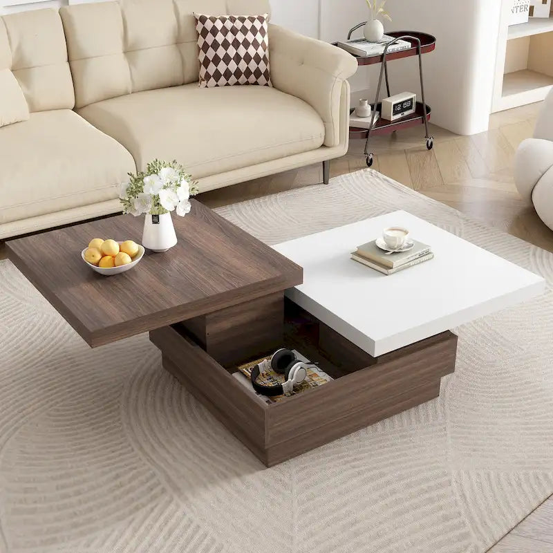 Table basse pivotante, Table basse carrée moderne avec motif grain de bois et 1 espace de rangement caché pour salon