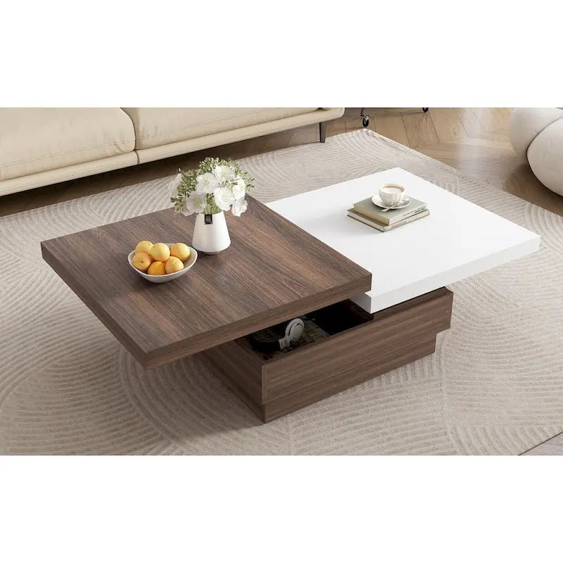 Table basse pivotante, Table basse carrée moderne avec motif grain de bois et 1 espace de rangement caché pour salon