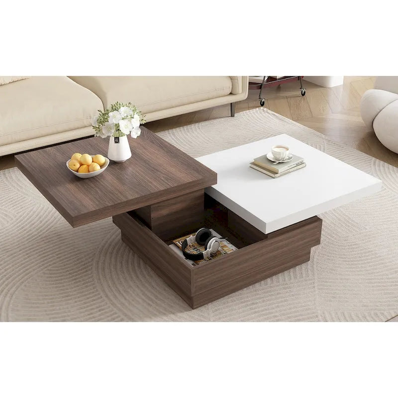 Table basse pivotante, Table basse carrée moderne avec motif grain de bois et 1 espace de rangement caché pour salon