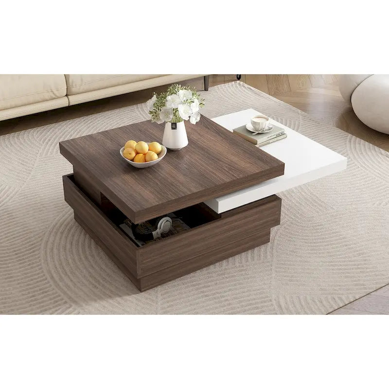 Table basse pivotante, Table basse carrée moderne avec motif grain de bois et 1 espace de rangement caché pour salon