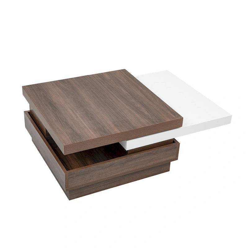 Table basse pivotante, Table basse carrée moderne avec motif grain de bois et 1 espace de rangement caché pour salon