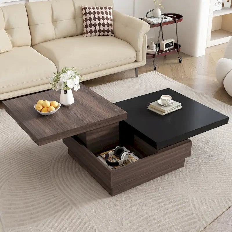 Table basse pivotante, Table basse carrée moderne avec motif grain de bois et 1 espace de rangement caché pour salon