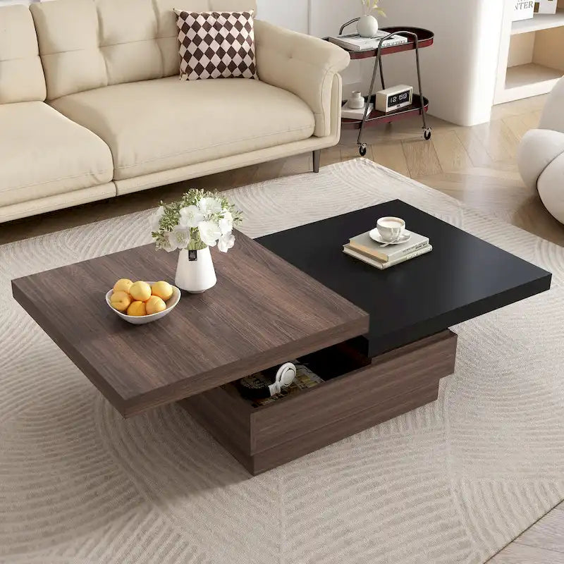 Table basse pivotante, Table basse carrée moderne avec motif grain de bois et 1 espace de rangement caché pour salon