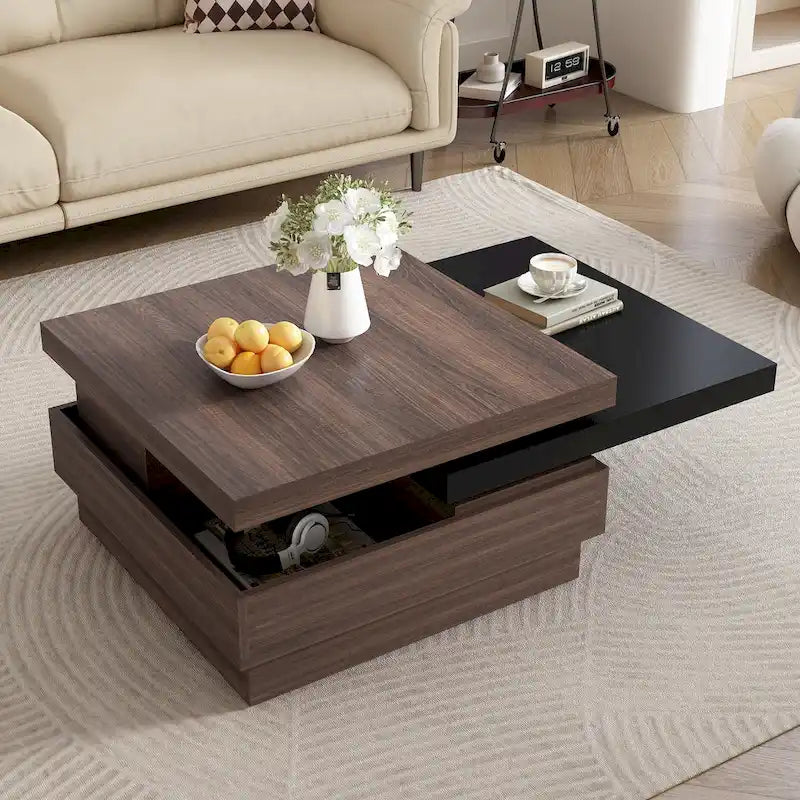 Table basse pivotante, Table basse carrée moderne avec motif grain de bois et 1 espace de rangement caché pour salon