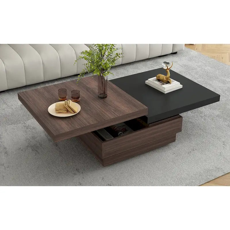 Table basse pivotante, Table basse carrée moderne avec motif grain de bois et 1 espace de rangement caché pour salon