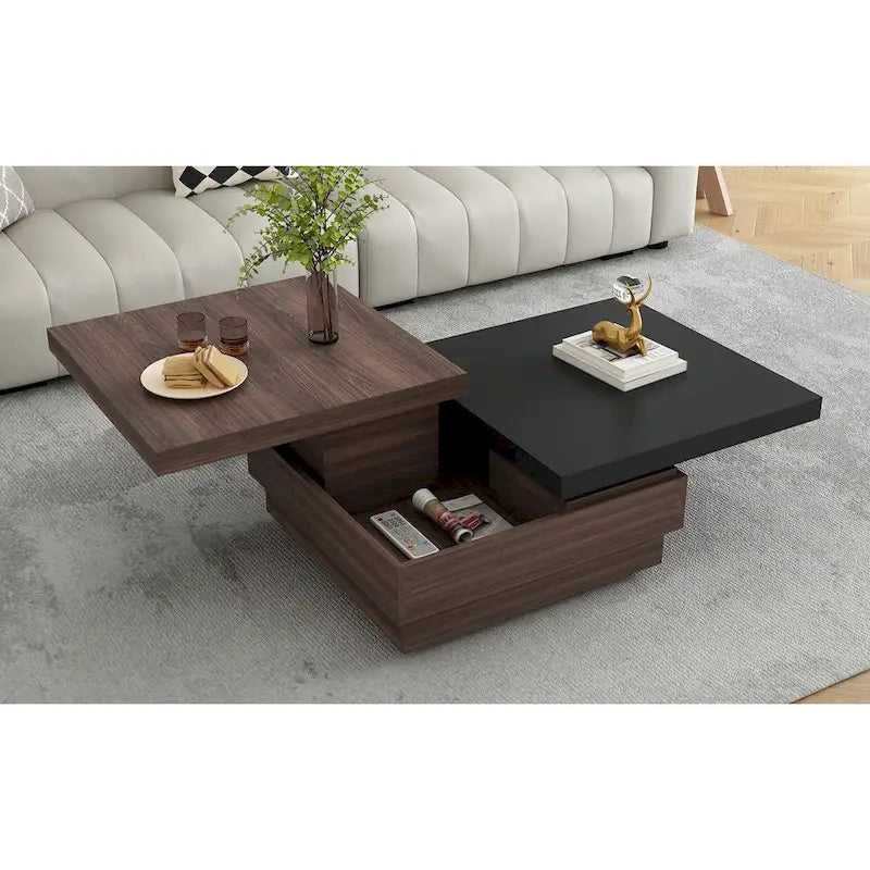 Table basse pivotante, Table basse carrée moderne avec motif grain de bois et 1 espace de rangement caché pour salon