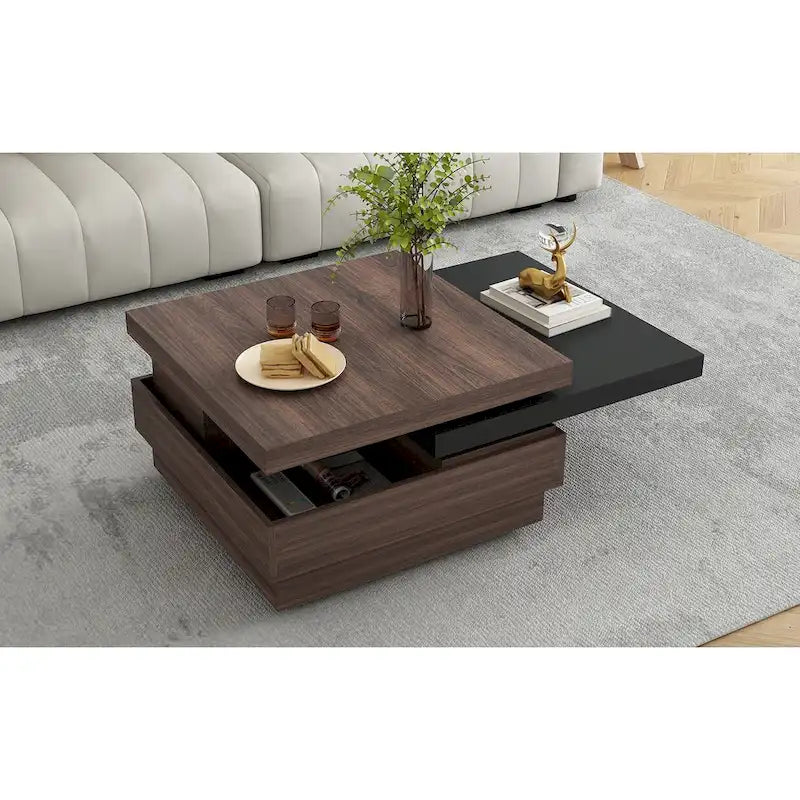 Table basse pivotante, Table basse carrée moderne avec motif grain de bois et 1 espace de rangement caché pour salon