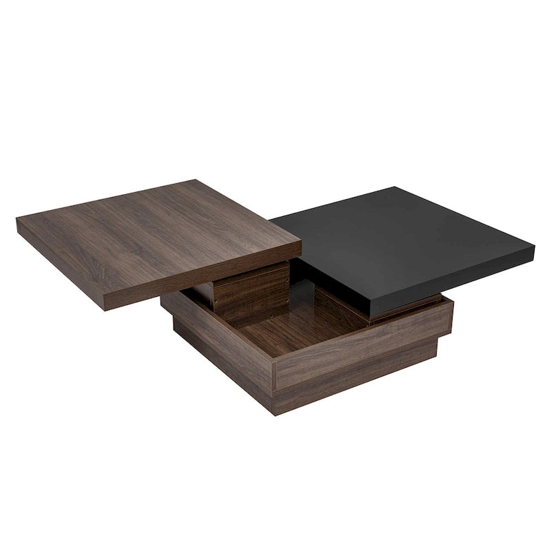 Table basse pivotante, Table basse carrée moderne avec motif grain de bois et 1 espace de rangement caché pour salon