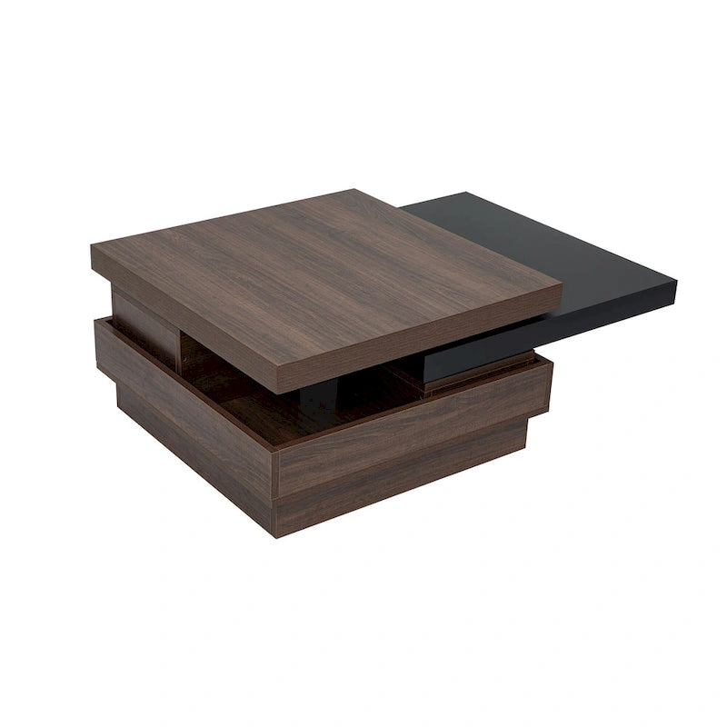 Table basse pivotante, Table basse carrée moderne avec motif grain de bois et 1 espace de rangement caché pour salon
