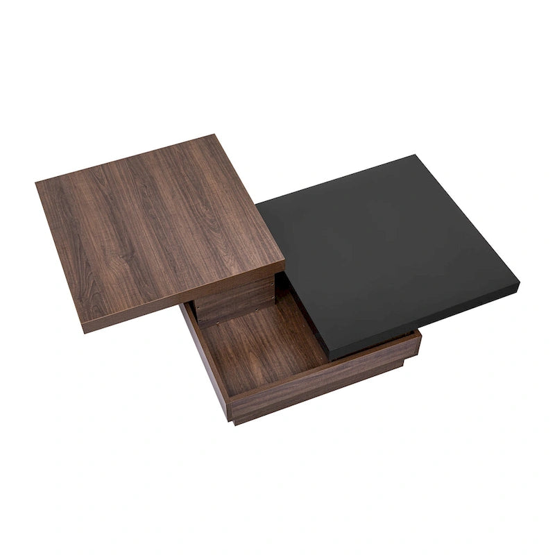Table basse pivotante, Table basse carrée moderne avec motif grain de bois et 1 espace de rangement caché pour salon