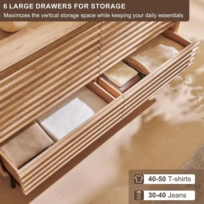 Commode moderne du milieu du siècle à 6 tiroirs, en bois cannelé