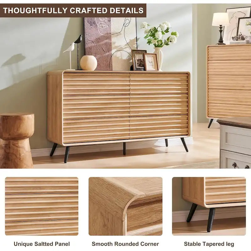 Commode moderne du milieu du siècle à 6 tiroirs, en bois cannelé