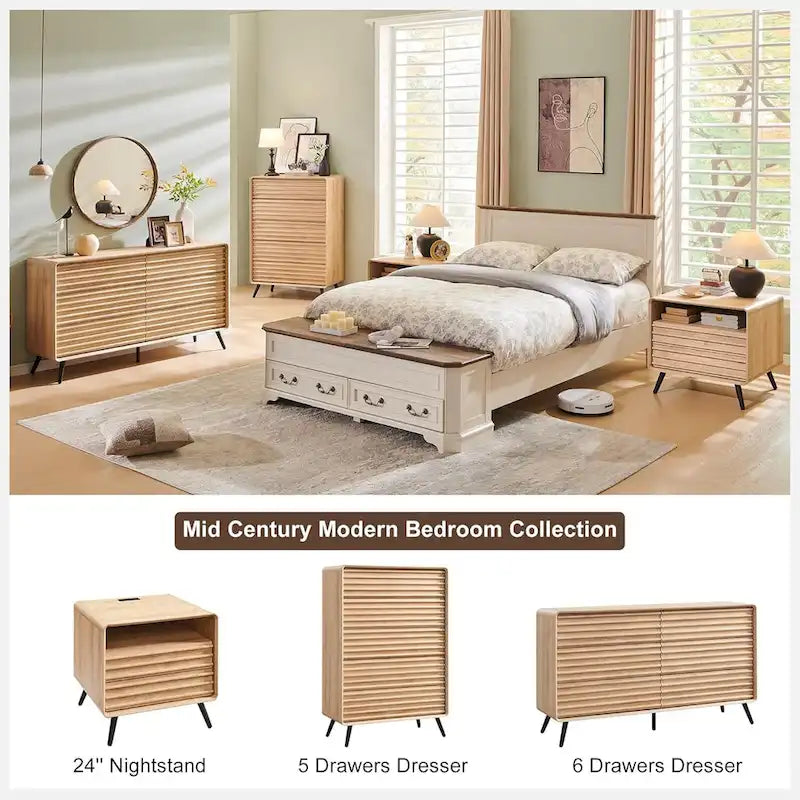 Commode moderne du milieu du siècle à 6 tiroirs, en bois cannelé