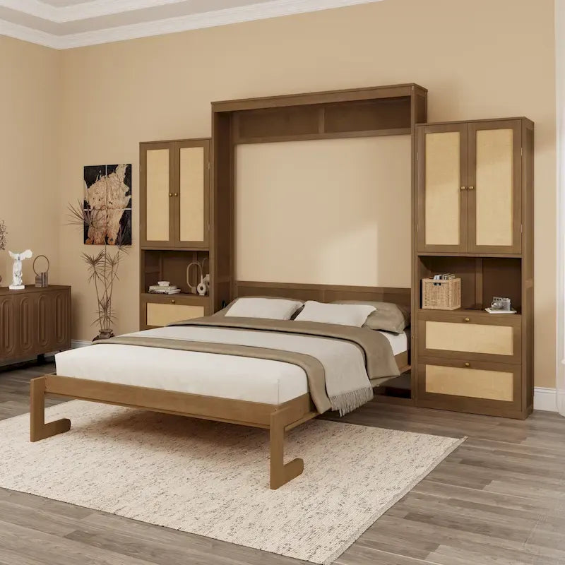 Lit escamotable en bois massif et rotin avec armoire latérale de rangement