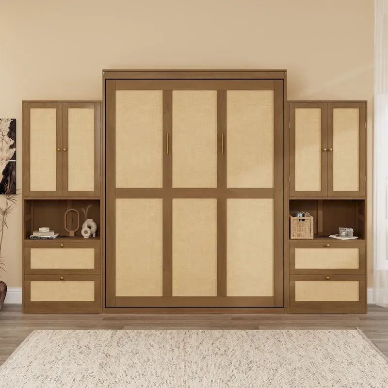 Lit escamotable en bois massif et rotin avec armoire latérale de rangement