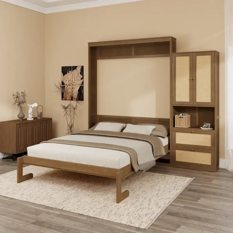 Lit escamotable en bois massif et rotin avec armoire latérale de rangement