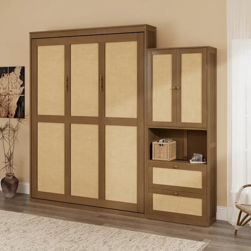 Lit escamotable en bois massif et rotin avec armoire latérale de rangement