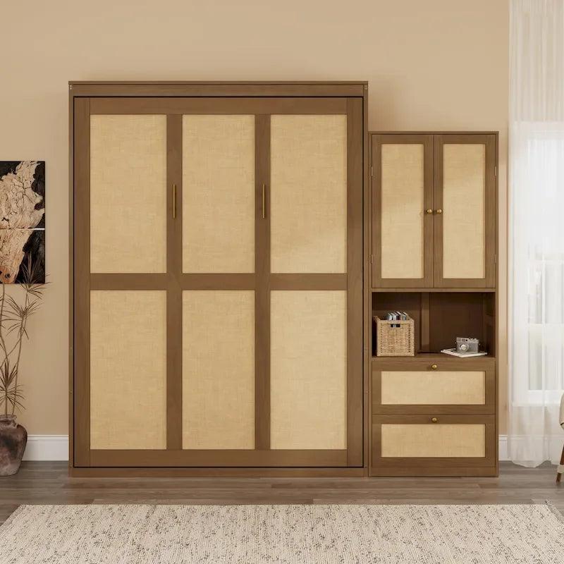Lit escamotable en bois massif et rotin avec armoire latérale de rangement