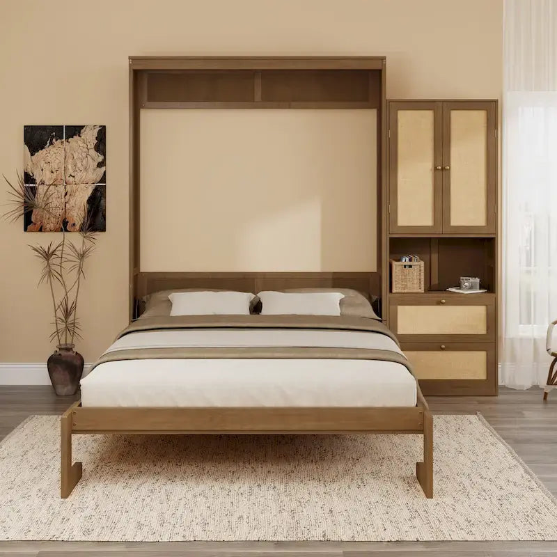 Lit escamotable en bois massif et rotin avec armoire latérale de rangement