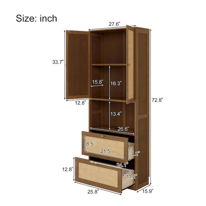 Lit escamotable en bois massif et rotin avec armoire latérale de rangement