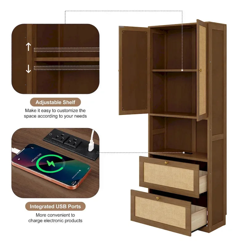 Lit escamotable en bois massif et rotin avec armoire latérale de rangement