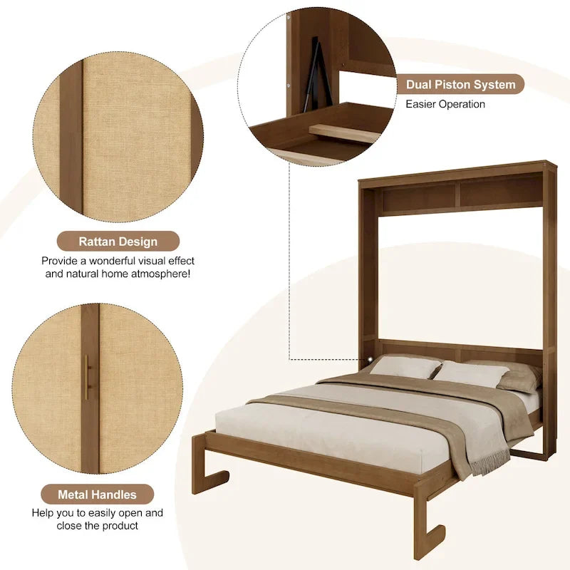 Lit escamotable en bois massif et rotin avec armoire latérale de rangement