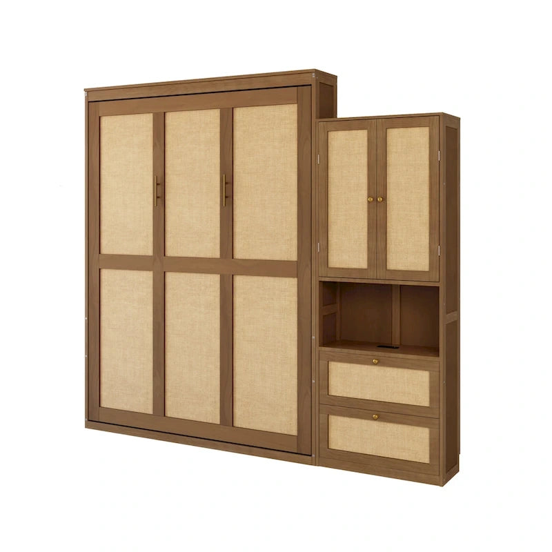 Lit escamotable en bois massif et rotin avec armoire latérale de rangement