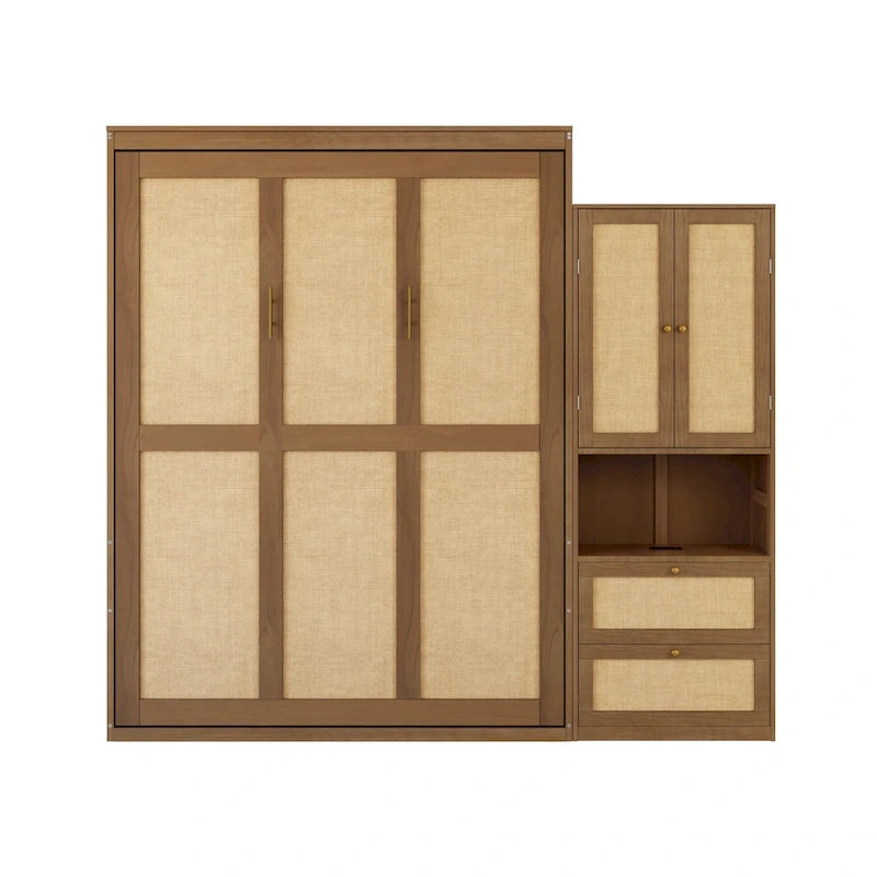 Lit escamotable en bois massif et rotin avec armoire latérale de rangement