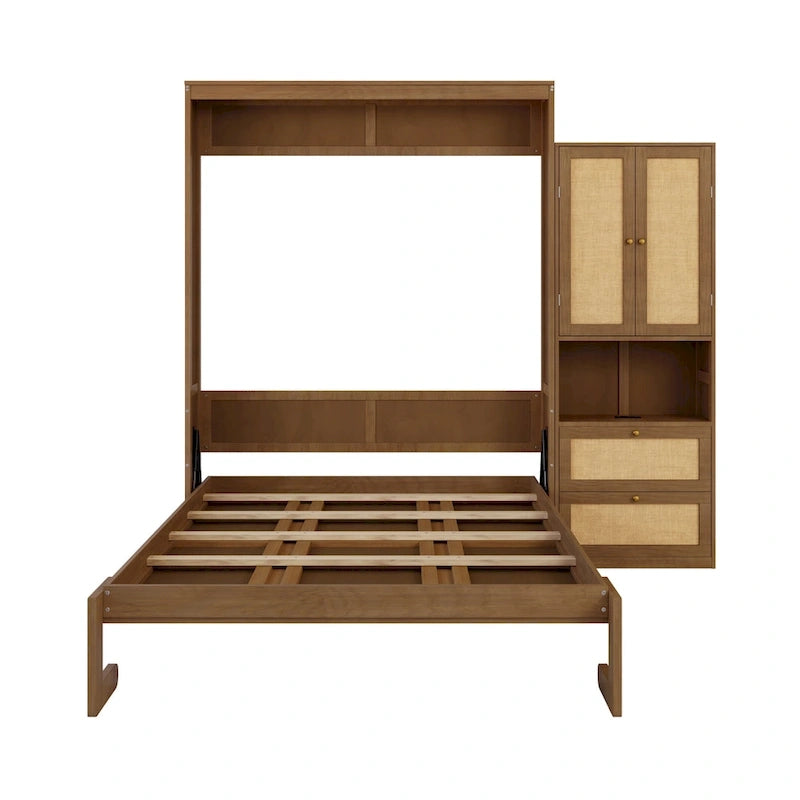 Lit escamotable en bois massif et rotin avec armoire latérale de rangement
