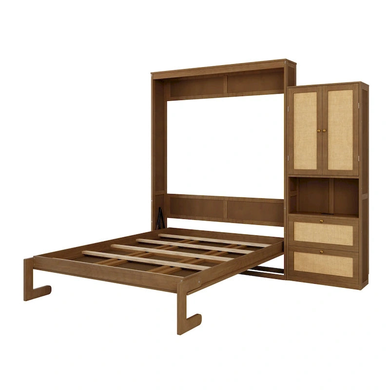 Lit escamotable en bois massif et rotin avec armoire latérale de rangement