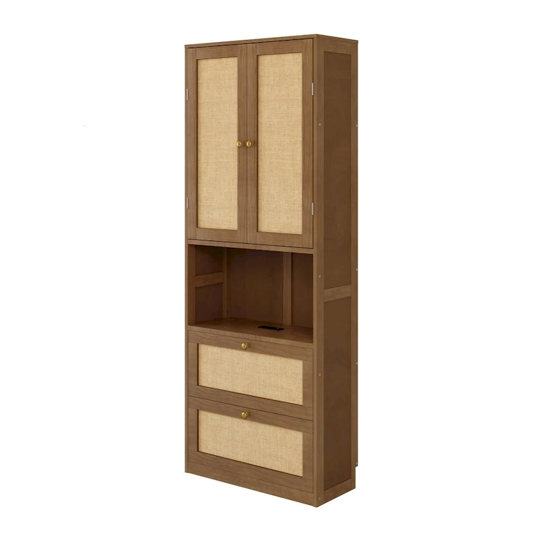 Lit escamotable en bois massif et rotin avec armoire latérale de rangement