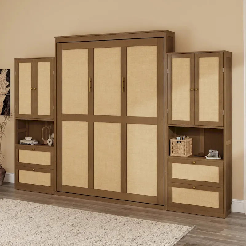 Lit escamotable en bois massif et rotin avec armoire latérale de rangement