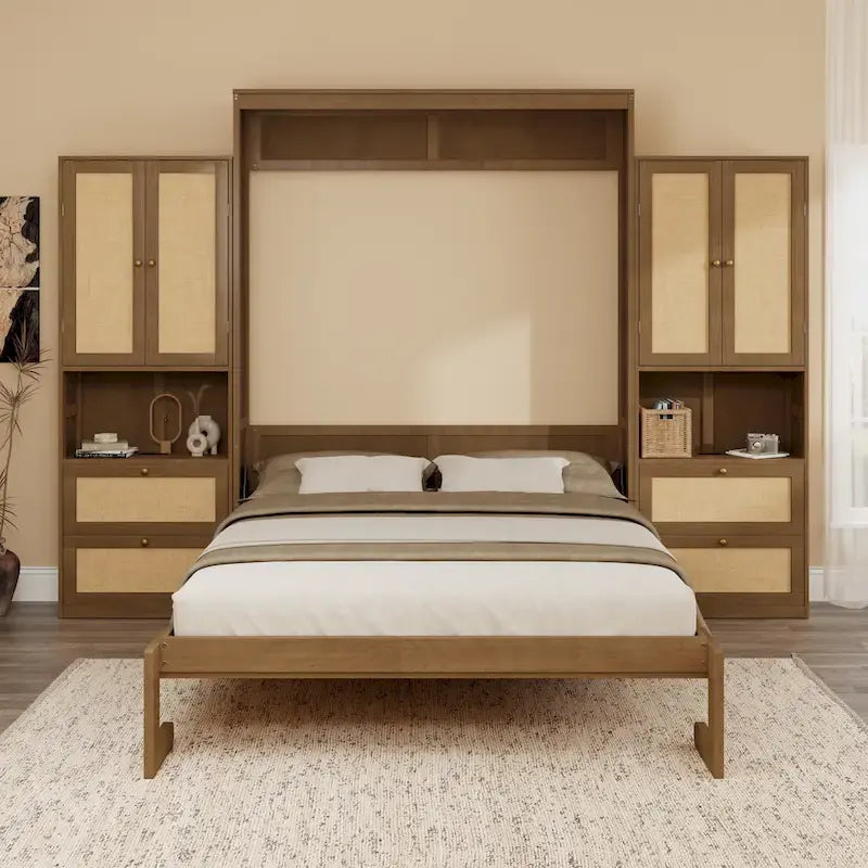 Lit escamotable en bois massif et rotin avec armoire latérale de rangement