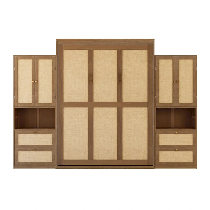 Lit escamotable en bois massif et rotin avec armoire latérale de rangement