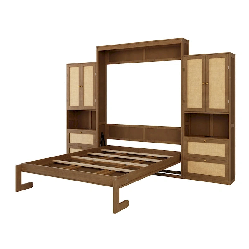 Lit escamotable en bois massif et rotin avec armoire latérale de rangement
