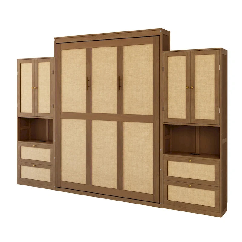 Lit escamotable en bois massif et rotin avec armoire latérale de rangement