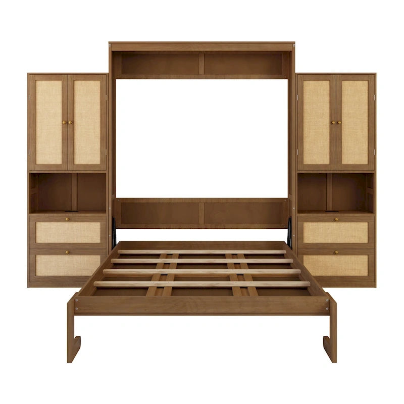 Lit escamotable en bois massif et rotin avec armoire latérale de rangement