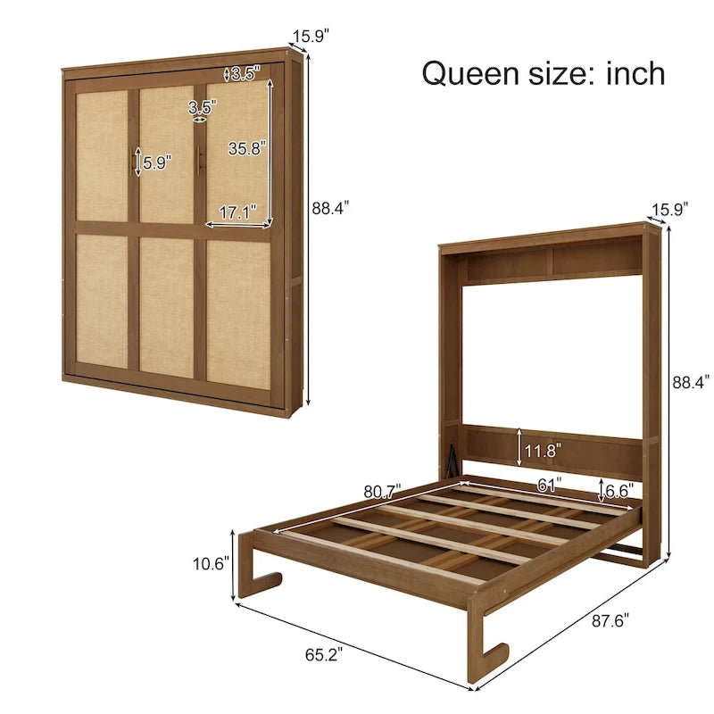 Lit escamotable en bois massif et rotin avec armoire latérale de rangement
