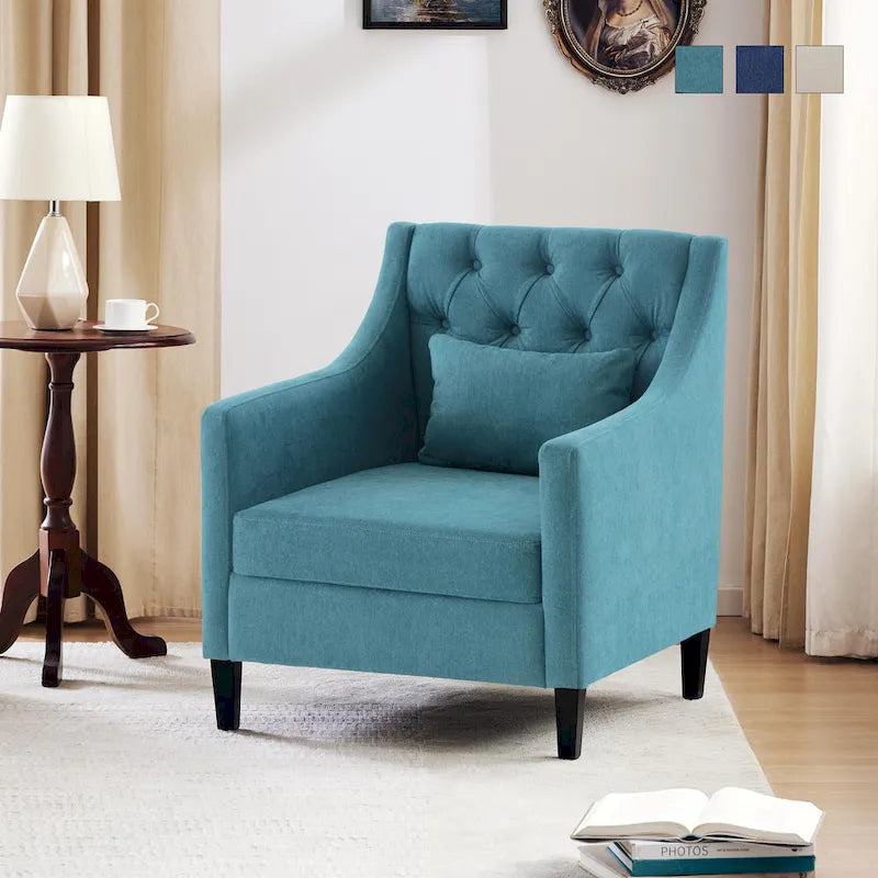 Fauteuil Club confortable avec oreiller beige/bleu sarcelle foncé/bleu