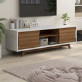 Meuble TV de 157,5 cm de large avec 6 étagères, style moderne du milieu du siècle, blanc et noyer