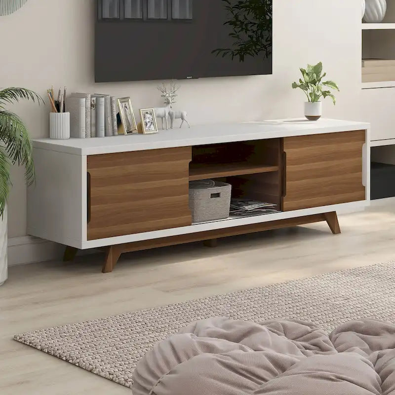 Meuble TV de 157,5 cm de large avec 6 étagères, style moderne du milieu du siècle, blanc et noyer