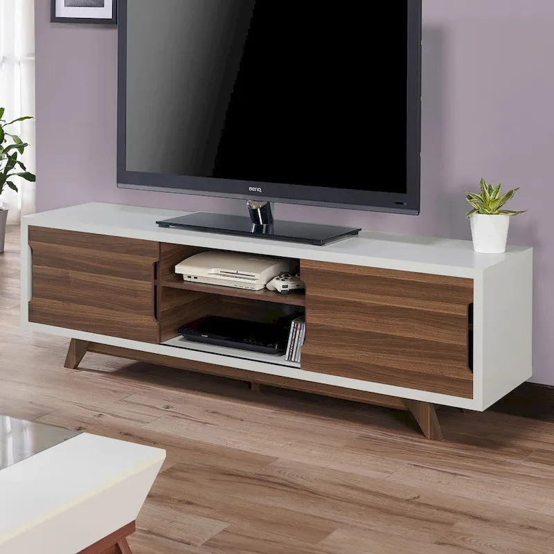 Meuble TV de 157,5 cm de large avec 6 étagères, style moderne du milieu du siècle, blanc et noyer