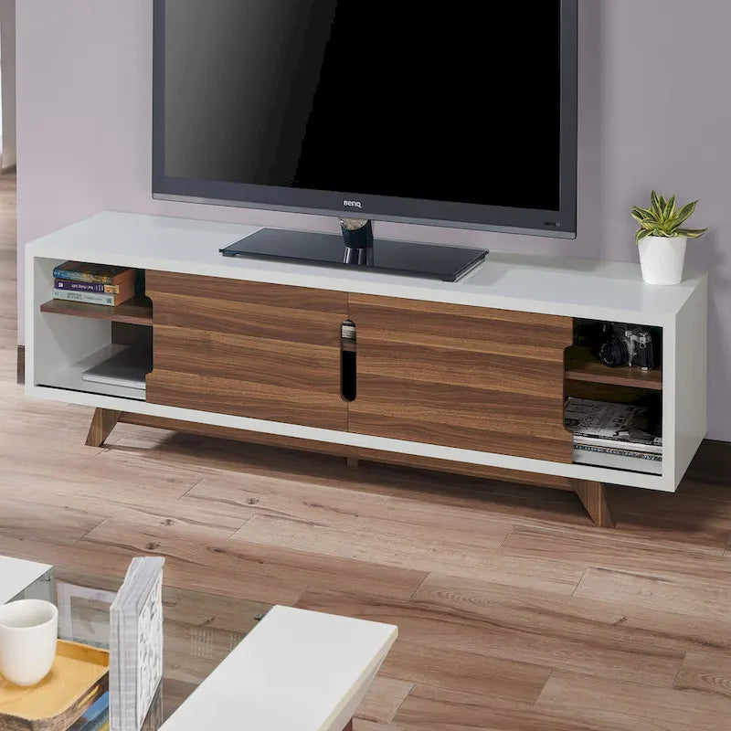 Meuble TV de 157,5 cm de large avec 6 étagères, style moderne du milieu du siècle, blanc et noyer