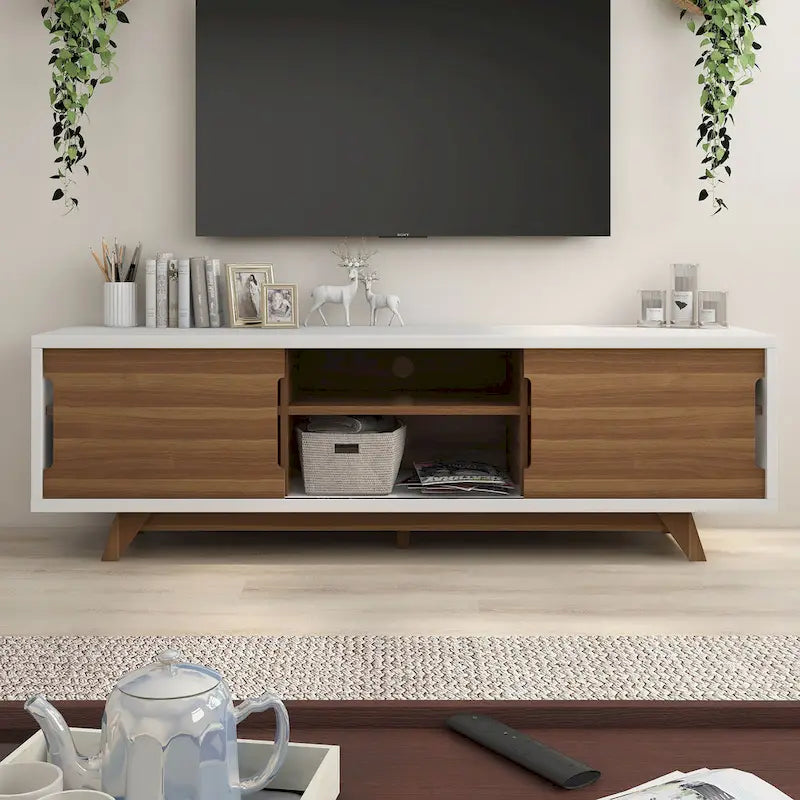 Meuble TV de 157,5 cm de large avec 6 étagères, style moderne du milieu du siècle, blanc et noyer