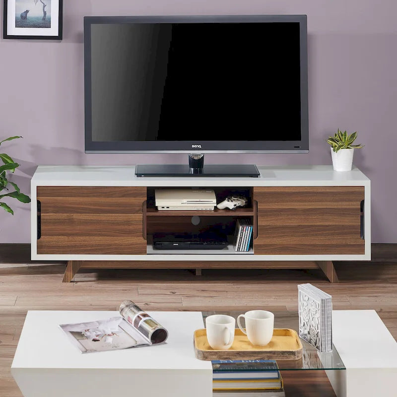 Meuble TV de 157,5 cm de large avec 6 étagères, style moderne du milieu du siècle, blanc et noyer