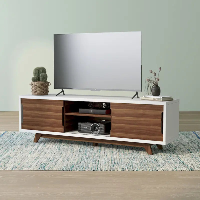 Meuble TV de 157,5 cm de large avec 6 étagères, style moderne du milieu du siècle, blanc et noyer