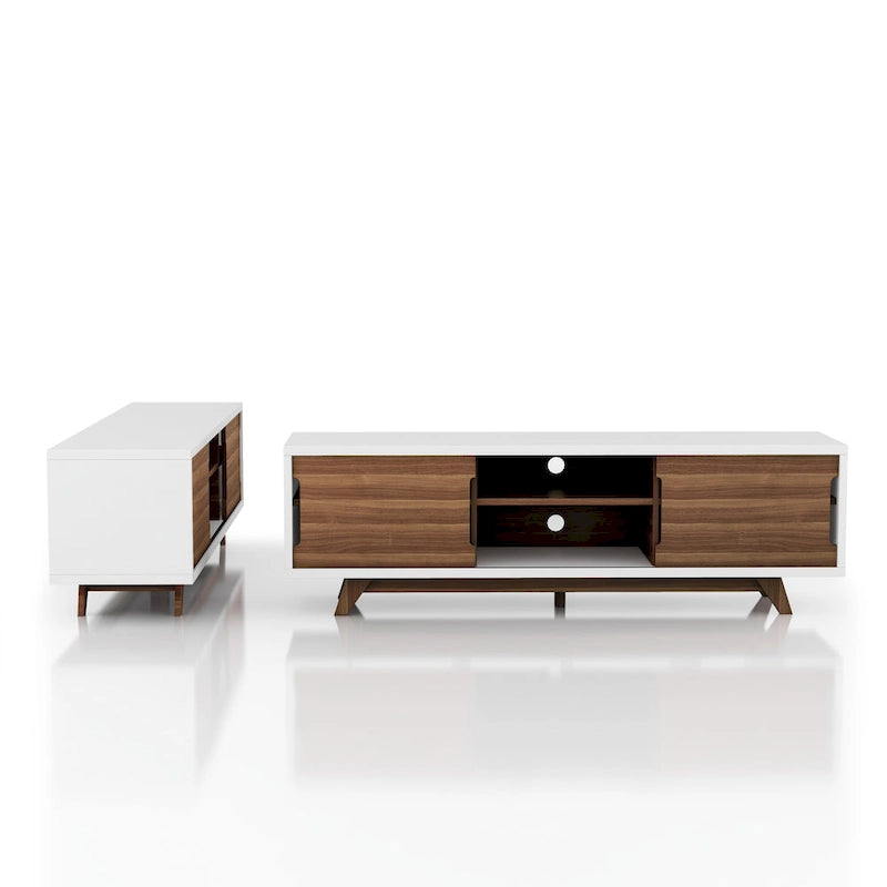 Meuble TV de 157,5 cm de large avec 6 étagères, style moderne du milieu du siècle, blanc et noyer